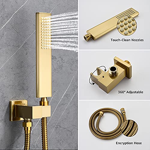 Iriber Brushed Gold Rain Shower System with 10 Inch Shower Head and Handheld Bathroom Wall Mounted Shower Set Contain Shower Faucet Mixer and Trim Kit (Valve Included) - color: Brushed Gold 04