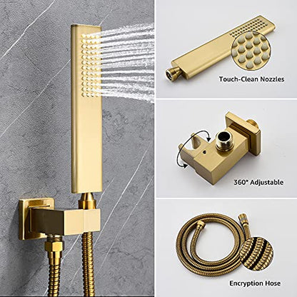 Iriber Brushed Gold Rain Shower System with 10 Inch Shower Head and Handheld Bathroom Wall Mounted Shower Set Contain Shower Faucet Mixer and Trim Kit (Valve Included) - color: Brushed Gold 04