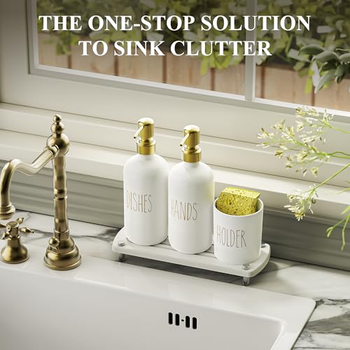 Cisily Kitchen Soap Dispenser Set Comes with Ceramics Sponge Holder, Gold Pumps, and Instant Dry Tray, Hand and Dish Soap Dispenser Set (4, Gold + White + Brush Holder) - color: Gold + White + Brush Holder