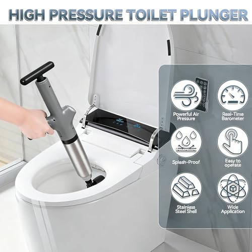 Toilet Plunger, High Pressure Drain Unclogger Plungers with Pressure Gauge, toilet auger Air Drain Blaster, Versatile Heavy Duty Clog Remover for Bathroom, Kitchen, Floor Drain - color: Gray