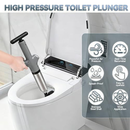 Toilet Plunger, High Pressure Drain Unclogger Plungers with Pressure Gauge, toilet auger Air Drain Blaster, Versatile Heavy Duty Clog Remover for Bathroom, Kitchen, Floor Drain - color: Gray