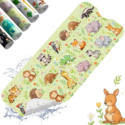 Baby Bath Mat for Tub Non Slip Kids, BPA Free Extra Long Bathtub Mat 40x16 with Drain Holes and 200 Suction Cups, Non Toxic Machine Washable Toddler Bath Mat, Eco-Friendly Certified - color: N-three Rows of Animals