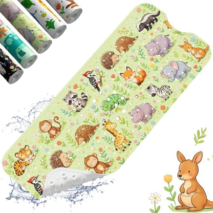 Baby Bath Mat for Tub Non Slip Kids, BPA Free Extra Long Bathtub Mat 40x16 with Drain Holes and 200 Suction Cups, Non Toxic Machine Washable Toddler Bath Mat, Eco-Friendly Certified - color: N-three Rows of Animals