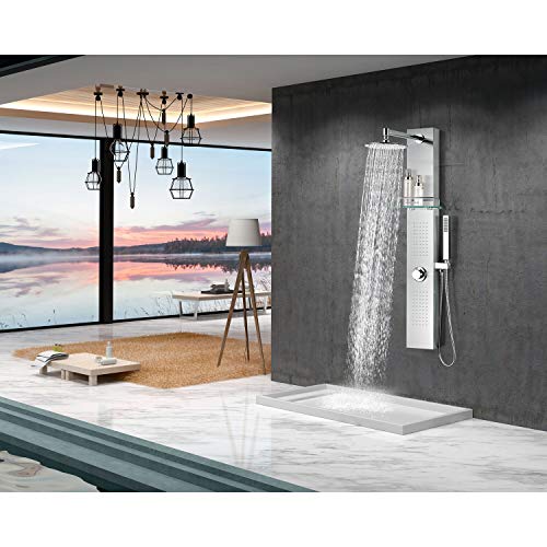 ANZZI Shower Head Panel Tower System | Coastal | Brushed Stainless Steel | Includes One 1 Field Full Body With Dual Level Deco Glass, Free-Reign Euro Grip Handheld Sprayer With 60 In. Hose - color: Brushed Steel, style: 2 Jets