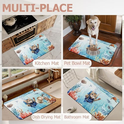 Diatomaceous Earth Bath Mat,Funny Cat Bath Rugs,Blue Sea Ocean Non-Slip Thin Absorbent Fast Drying Easy to Clean for Bathroom Laundry Home Kitchen Door Mat 17x29.5Inch - color: Funny Cat,blue Sea Ocean