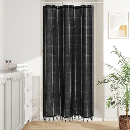 Small Stall Linen Farmhouse Shower Curtain with Tassel, Modern Boho French Country Chic Bathroom Shower Curtain Set with PEVA Liner, Cotton Luxury Fabric Shower Curtain 36x72 - Black - color: Black, size: 36"W x 72"L (Pack of 1)