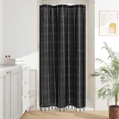 Small Stall Linen Farmhouse Shower Curtain with Tassel, Modern Boho French Country Chic Bathroom Shower Curtain Set with PEVA Liner, Cotton Luxury Fabric Shower Curtain 36x72 - Black - color: Black, size: 36"W x 72"L (Pack of 1)