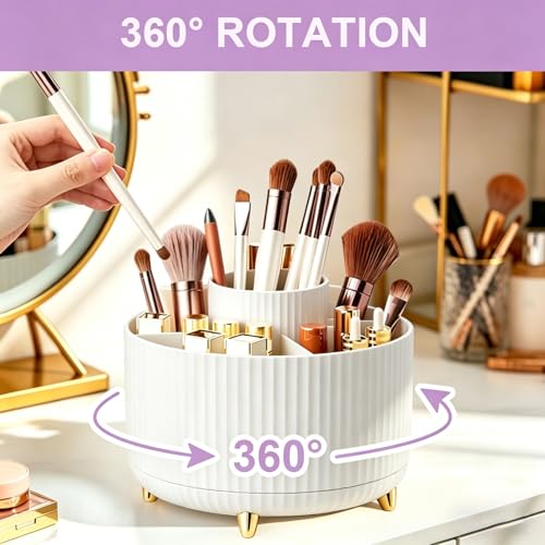 360 Rotating Makeup Brush Holder Organizer, 5-Slot Spinning Cosmetics Cup for Makeup Brushes, Nail Polish & Art Supply, Bathroom Vanity Desktop Organizer, White