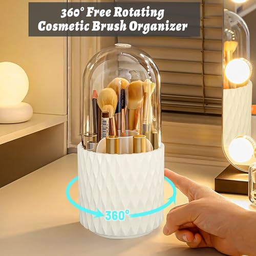 360°Smooth Rotating Makeup Brush Holder with Dustproof Lid Spinning Vanity Organizer for Beauty Lipstick Perfume,Brushes Storage Container,Countertop,Dressing Table,Bathroom Desk (White)