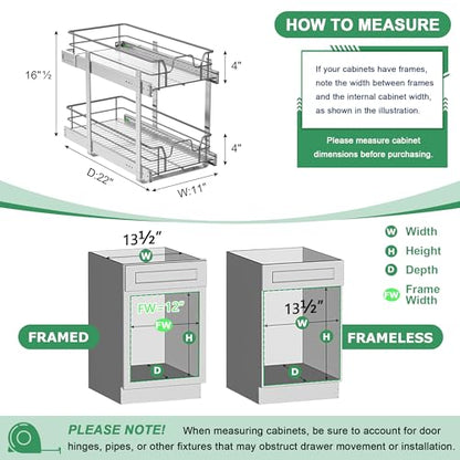 2-Tier Pull Out Cabinet Organizer (11" W x 22" D) | Soft Close Cabinet Slide Out Shelves, Heavy Duty Slide Out Drawers with Shelf Liner for Kitchen Cabinets, Pantry, Bathroom - size: 11"W x 22''D