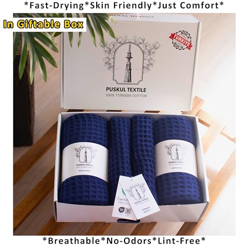 PÜSKÜL Natural 100% Turkish Cotton Waffle Towels Set of 4-Piece, Navy Blue | 2-Bath sheet (Extra-large 32x63") and 2-Hand towel (Large 32x16"). Premium honeycomb-waffle weave, oeko-tex made in Turkiye. - color: Navy Blue
