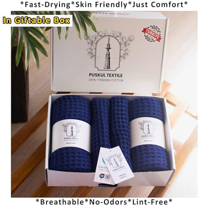 PÜSKÜL Natural 100% Turkish Cotton Waffle Towels Set of 4-Piece, Navy Blue | 2-Bath sheet (Extra-large 32x63") and 2-Hand towel (Large 32x16"). Premium honeycomb-waffle weave, oeko-tex made in Turkiye. - color: Navy Blue