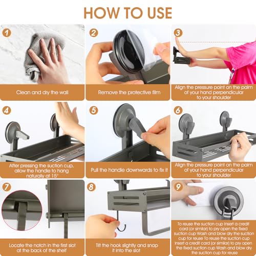 Suction Cup Shower Caddy with 5 Hooks & Towel Rrack 15.7inch Grey | No Drilling Shower Organizer with Large Capacity, Rust-resistant Bathroom Organizer, With 2 Backup Suction Cups (2-Pack) - size: 15.7 inches(2pack Dark Grey)