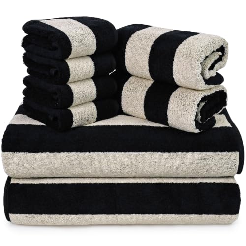 Jacquotha Black Striped Towels Set for Bathroom, 8 Piece Cotton Towels | Soft Quick Dry Towel Set with 2 Bath, 2 Hand, 4 Washcloths, Bathroom Decor & Versatile