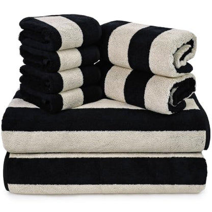 Jacquotha Black Striped Towels Set for Bathroom, 8 Piece Cotton Towels | Soft Quick Dry Towel Set with 2 Bath, 2 Hand, 4 Washcloths, Bathroom Decor & Versatile