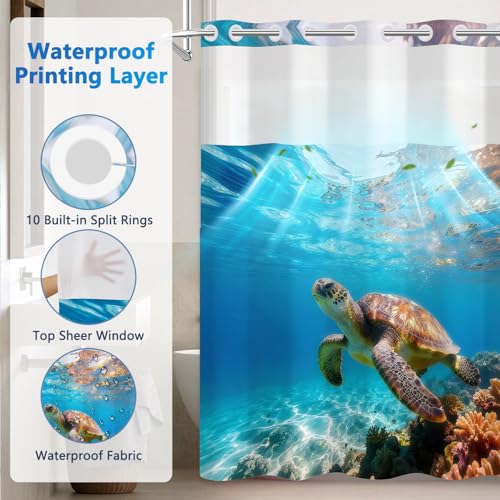 No Hook Shower Curtain with Snap in Liner, Ocean Themed Turtle Shower Curtain with Mesh Top Window and Weighted Hem, 71x74 Inches Double-layer Waterproof Fabric Shower Curtain and Button Liner Set - color: Sea Turtle