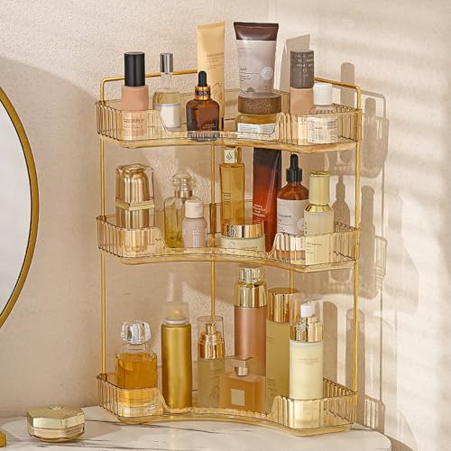 Aveniee Corner Bathroom Counter Organizer, Bathroom Countertop Shelf Makeup Organizer for Vanity Perfume Tray for Corner Storage (3 Tiers, Gold) - color: Amber Gold, size: 3 Tier