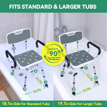 Shower Chair for Elderly and Disabled, 400 lbs, Adjustable Height | Shower Stool with Removable Back and Padded Arms, Slip Resistant Bath Seat for Inside Shower, Bathtub, Aluminum Frame - color: Dark Gray