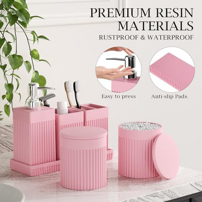 6-Piece Pink Bathroom Set - Sleek Resin Bathroom Accessories Set with Soap Dispenser, Toothbrush Holder, Vanity Tray, Tumbler & Apothecary Jars for Small Spaces - color: Pink