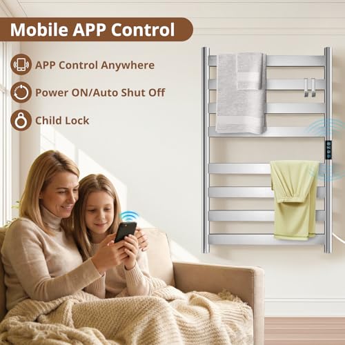 Heated Towel Rack Freestanding & Wall-Mounted, WiFi 8 Bar Towel Warmer Rack | WiFi Control, Extra-Wide Heating, Child Safety Lock, 1-24H Timer & Multi-Level Temp, Stainless Steel, Plug-in, Brushed Nickel - color: Brushed Nickel