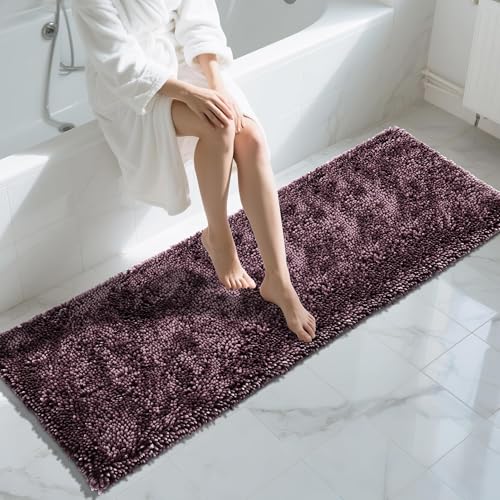 Yimobra Long Bathroom Rugs Runner 70x24 Inch, Extra Thick Soft Absorbent Chenille Bath Mat, Non Slip Machine Washable, Quick Dry Bath Rugs for Bathroom Floor, Tub and Shower, Purple Grey - color: Purple Grey, size: 70" X 24"
