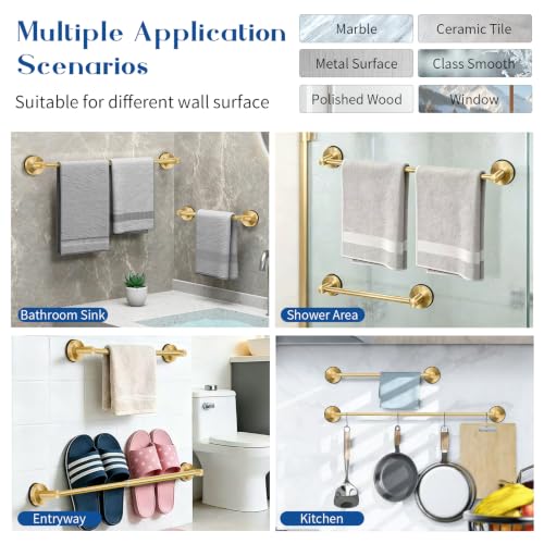 Adjustable Suction Cup Towel Bar for Bathroom Wall, 14.6–24 Inches Brushed Gold Towel Bar, Stainless Steel Towel Racks for Bathroom, Bath Towel Holder for Shower (Brushed Gold) - color: Brushed Gold, 1-pack