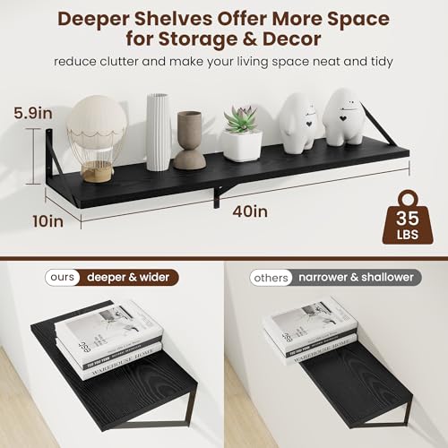 Deep Floating Shelves, 40'' x 10'' Black Wall Shelves Set of 2 | 10 Inch Deep Shelves with Heavy Duty Brackets, Rustic Wood Shelves for Bathroom Living Room, Engineered Wood, 40LBS - color: Black, size: 40W x 10D