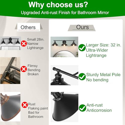 Upgrade Black Farmhouse Bathroom Light Fixtures, Vanity Lights for Bathroom | 32" Larger Size, Solid Metal Shade, Matte Black Vanity Light, 32"-48" Mirror, 3-Light Rustic Industrial Kitchen Wall Sconce - size: 3-Light