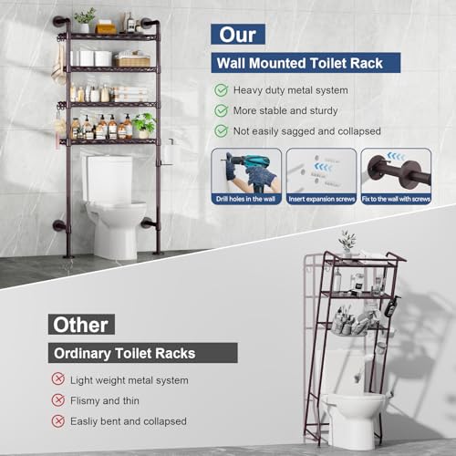 K3 Wall Mounted 4-Tier Over the Toilet Storage，Metal Above Toilet Storage with Paper Hook,Over Toilet Bathroom Organizer with Adjustable Shelf，Above Toilet Rack 9.7"Dx 25.6"Wx 74.3"H,Espresso