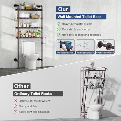K3 Wall Mounted 4-Tier Over the Toilet Storage，Metal Above Toilet Storage with Paper Hook,Over Toilet Bathroom Organizer with Adjustable Shelf，Above Toilet Rack 9.7"Dx 25.6"Wx 74.3"H,Espresso