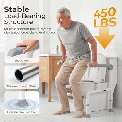 Toilet Safety Rails for Elderly & Disabled with Glow-in-the-Dark Handles, 450 lbs Heavy-Duty Frame, Flip-Up Arms, Dual Lock (Suction & Clamp), Adjustable No-Wobble Support, Grey - color: Gray