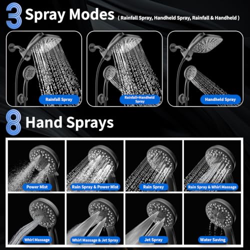 Dual Rainfall Shower Head With Handheld Showerhead, High Pressure Shower Head With Handheld Spray Combo, 8-Mode Showerhead with Adjustable Extension Arm, 71" Hose & Suction Cup Holder, Matte Black - color: Matte Black