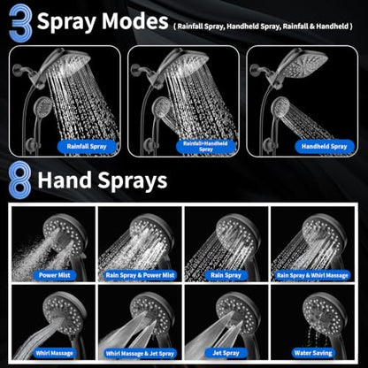 Dual Rainfall Shower Head With Handheld Showerhead, High Pressure Shower Head With Handheld Spray Combo, 8-Mode Showerhead with Adjustable Extension Arm, 71" Hose & Suction Cup Holder, Matte Black - color: Matte Black