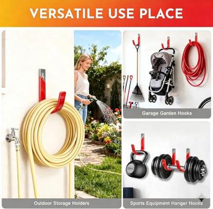 Heavy Duty Metal Garage Hooks Wall Mount 2 Pack, Garage Hanger Utility Storage Hooks for Outside, Hose Rack Suitable for Garage,Garden and Yard,Red - size: Medium