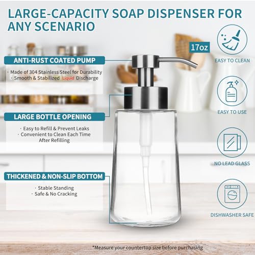 Glass Soap Dispenser 16oz Hand Soap Dispenser Brushed Nickel | Large Capacity, Liquid Soap Pump(No foaming), with Rust Proof Pump Waterproof Labels, Hand Soap for Bathroom, Kitchen, 2 Sets - color: Brushed Nickel