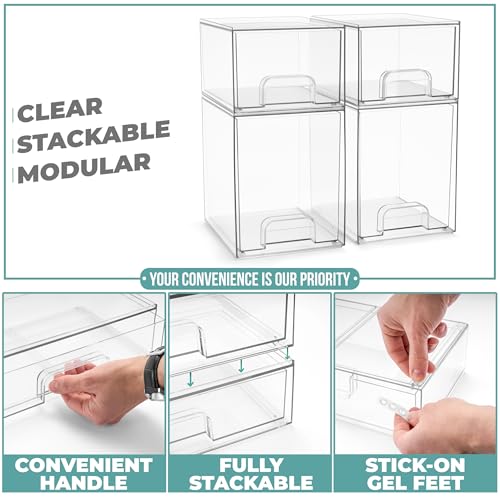 Sorbus Acrylic Storage Containers - 4 Pack, Stackable Storage Bins Set for Bathroom Organization - Clear Acrylic Drawer Organizers - Makeup Case Pull-Out Drawers (7.6’’ and 4.4’’ Tall) - size: 4 Pack, 7.6’’ and 4.4’’ Tall