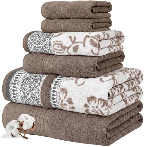 Modern Threads 6 Piece Bath Towel Set – Bathroom Set with 2 Bath Towels, 2 Hand Towels, and 2 Wash Cloths – 100% Cotton, Super Absorbent & Extra Soft – Reversible Floral Trail (Taupe Brown) - color: Taupe Brown