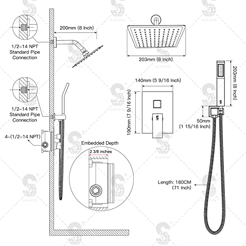 SR SUN RISE Shower System - Shower Faucet Set with 8 Inch Rain Shower Head and Handheld Shower - High Pressure Rain Shower System - All Metal Shower Faucet Trim Repair Kits - Brushed Gold - color: Brushed Gold, size: 8 Inch