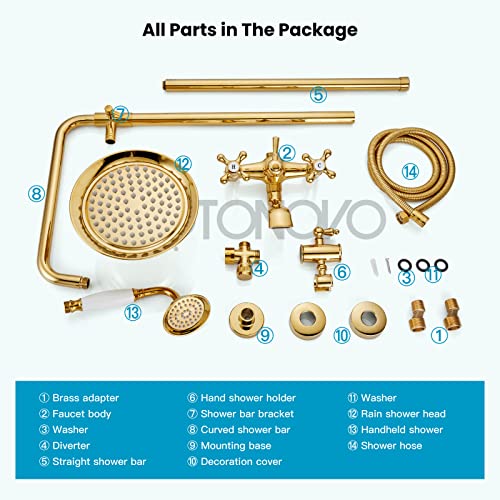 gotonovo Exposed Shower System with Spout,Polished Gold,No Shower Shelf | Brass Shower Faucet Set,8’’ Rain Head with Handheld Spray,Swivel Tub Spout,2 Cross Handle,6’’ Hole Distance,Adjustable Height - color: Bright Gold