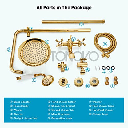 gotonovo Exposed Shower System with Spout,Polished Gold,No Shower Shelf | Brass Shower Faucet Set,8’’ Rain Head with Handheld Spray,Swivel Tub Spout,2 Cross Handle,6’’ Hole Distance,Adjustable Height - color: Bright Gold