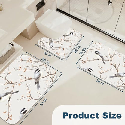 Cute Modern Bird Nature Bathroom Rugs and Mats Sets 3 Piece, Memory Foam Bath Mat, U-Shaped Contour Shower Mat Non Slip Absorbent, Velvet Washable 20 x 31 inch White - color: Color22