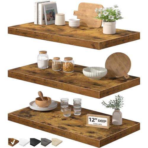 QEEIG 12" Deep Floating Shelves for Wall - 12 x 24 inch Book Shelf Bathroom Bedroom Kitchen Living Room Hanging Bookshelf Farmhouse Set of 3, Brown (026-60BN3) - color: A. Brown, size: 23.6" x 12"
