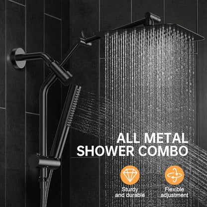 Veken 10" Luxurious All Metal Rain Shower Head with Handheld Spray Combo, High Pressure Rainfall Square Shower Heads with Extension Arm, Wide Dual Showerhead, Bathroom Accessories, Matte Black - color: Matte Black