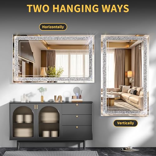 WINNICE 32" x 24" LED Diamond Wall Mirror, Dim & Anti-Fog | Crystal glass, dimmable & anti-fog, mounts vertical/horizontal, ideal for bathroom, bedroom, living room. - size: 24"L x 32"W