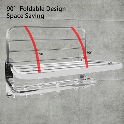 Foldable Towel Rack,Towel Hanger Towel Shelf with Double Towel Bars and Movable Hooks for Bathroom Lavatory,TTZEZE SUS304 Rustproof Modern Brushed Finish Towel Holder Wall Mount Silver (58cm/22.83'') - size: 58cm/22.83''