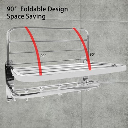 Foldable Towel Rack,Towel Hanger Towel Shelf with Double Towel Bars and Movable Hooks for Bathroom Lavatory,TTZEZE SUS304 Rustproof Modern Brushed Finish Towel Holder Wall Mount Silver (58cm/22.83'') - size: 58cm/22.83''