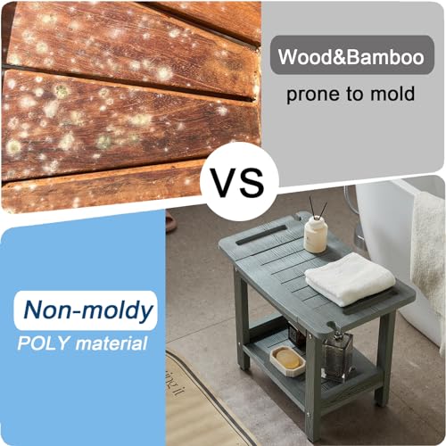 HDPS Shower Bench for Inside Shower, Gray Waterproof Shower Stool for Shaving Legs, Poly Lumber Shower Chair Seat with Handles & Shower Head Holder, Bathroom Shower Foot Rest Stool with Storage Shelf - color: Gray Shower Bench