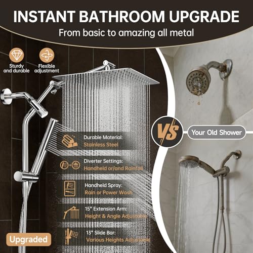 Veken All Metal 12" Luxurious Shower Head with Handheld,Full Body Coverage | Large Detachable 12" Square Rain Showerhead,Dual High Pressure Shower Heads Combo,Power Jet,Overhead Waterfall,Chrome,Silver - color: Chrome, size: 12 Inch