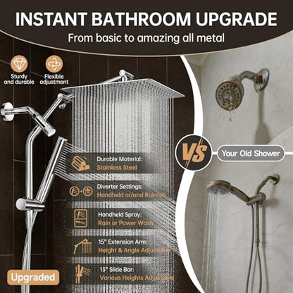 Veken All Metal 12" Luxurious Shower Head with Handheld,Full Body Coverage | Large Detachable 12" Square Rain Showerhead,Dual High Pressure Shower Heads Combo,Power Jet,Overhead Waterfall,Chrome,Silver - color: Chrome, size: 12 Inch
