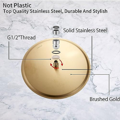 Round 6 Inch Stainless Steel Shower Head High Pressure Rainall Shower Head Brushed Gold Ultra Thin Design-Best Pressure Boosting with Silicone Nozzle Easy to Install - color: Brushed Gold, size: Round